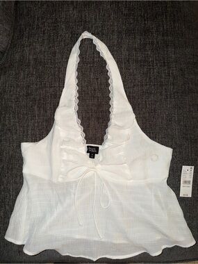 Beverly and Beck White Ruffle Halter Tie-Front Camisole